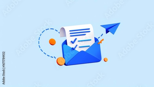 3D Letter with completed task or checklist in envelope isolated on background with empty copy space for text or promotion.