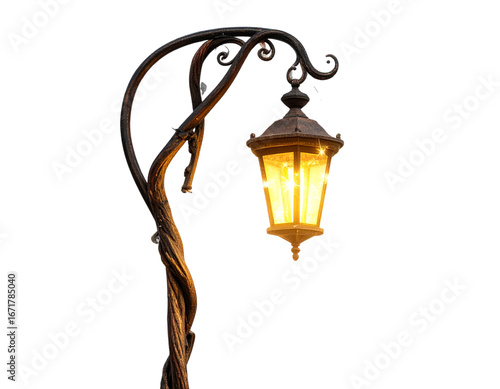 Fantasy-Inspired Lamp Post with Hanging Lantern and Magical Glow, Isolated
