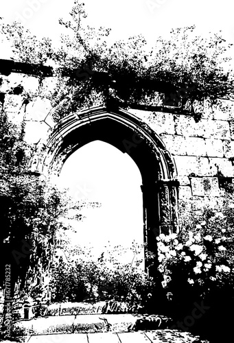 Black and white grunge illustration of a ruined stone archway with flora - design for print