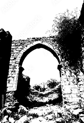 Grunge black and white ruined archway sketch for urban design