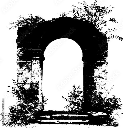 Grunge black and white illustration of ruined stone arch with foliage