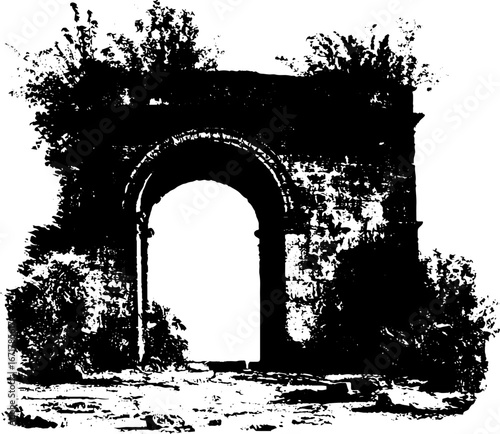 Grunge black and white archway ruins illustration for vintage design and poster art