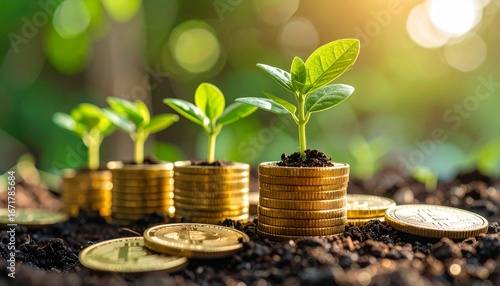 Seedlings Growing on Gold Coin Stacks in Soil, Investment Concept