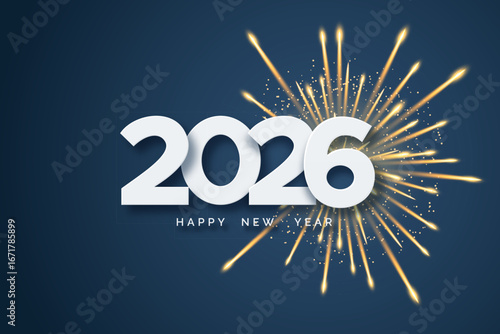 White numbers 2026 with fireworks on navy background. Happy New Year greeting card