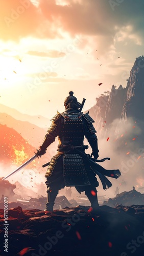 A warrior in dark armor stands amidst a dramatic landscape, sword raised, bathed in the warm hues of a fiery sunset.