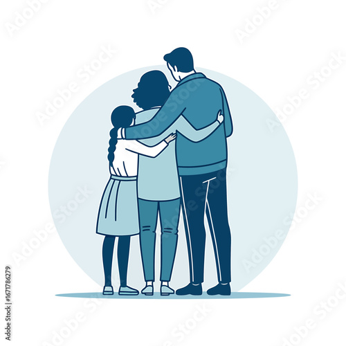 Family Hugging in Warm Embrace with Blue Tones and Soft Lighting