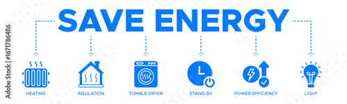 Save energy banner web icon vector illustration concept with icons of heating, insulation, tumble dryer, standby, power efficiency, light
