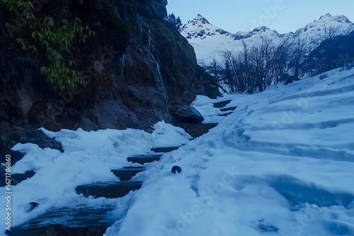 Wallpaper Mural Scenic Snowy Pathway with Waterfall in Mountain Landscape during Twilight Hours Torontodigital.ca