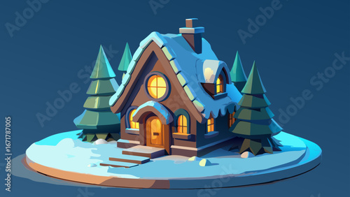 Cozy snow covered cottage in a winter forest scene