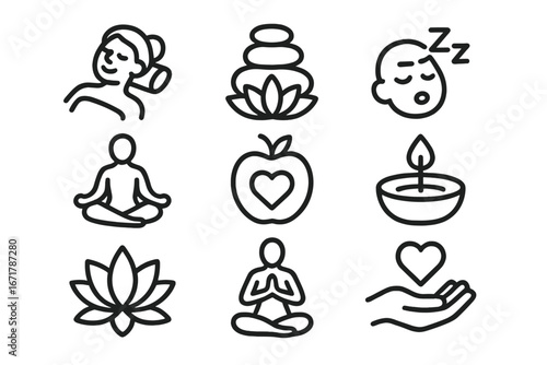 Wellness symbols representing relaxation, meditation, and self-care practices in a minimalistic style