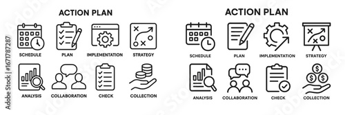 Action plan icons illustrating strategy development, implementation, and analysis for effective project management