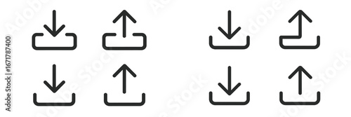 Set of six minimalistic arrow icons representing upload and download actions in a clean design for digital applications