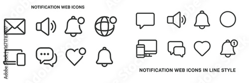 Notification web icons collection featuring various symbols for messaging, alerts, and interaction