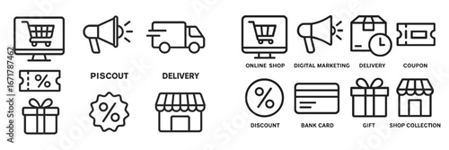 Shopping icons depicting various aspects of online retail and digital marketing strategies