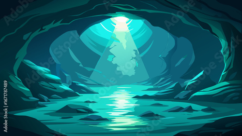 Mysterious cave with a river and light shining from above