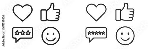 Heart and thumbs up icons with reviews and smiley faces representing feedback and social media engagement