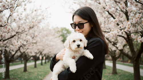 A cheerful woman in sunglasses holding her small dog while walking through a cherry blossom park in spring