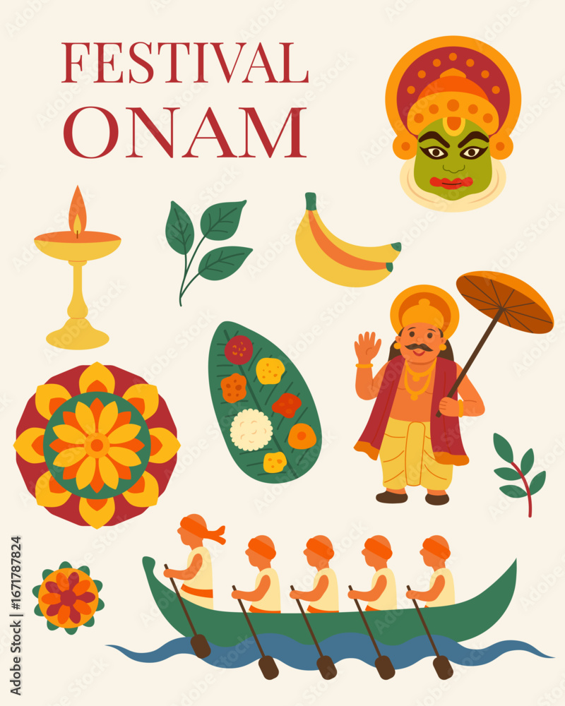 Fototapeta premium Colorful Onam festival illustration with boat race, Kathakali mask, King Mahabali, banana leaf meal, rangoli and lamp representing traditional Kerala celebration