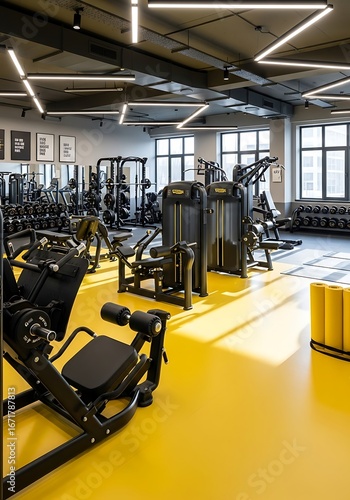Invigorating fitness center showcasing modern equipment and vibrant yellow flooring