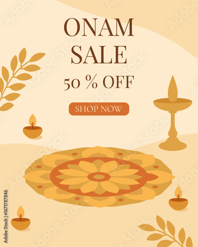Festive Onam shopping sale banner with traditional rangoli pattern, flowers, palm leaves, and lamps, advertising half price seasonal discount offer celebration background.