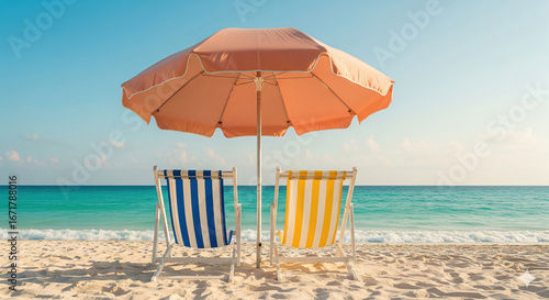umbrellas on the beach, Two Beach Chairs and Umbrella on Tropical Sandy Shore