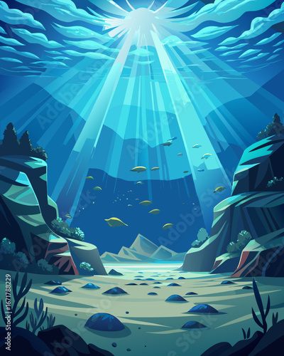 Underwater scene with sunbeams illuminating the ocean floor and schools of fish