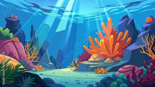 Vibrant underwater coral reef scene with sunbeams filtering through the water