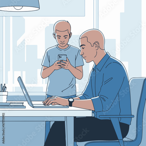 Father and son in home office, father working on laptop while son uses smartphone. Home office provides space for both work and family life, blending responsibilities seamlessly.