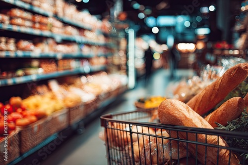 A shopping cart filled with baguettes sits in a brightly lit grocery store aisle, surrounded by various produce and baked goods