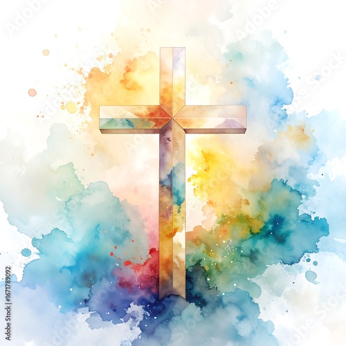 Colorful cross on abstract watercolor background