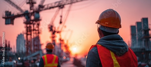 Construction worker silhouetted against a sunset, overlooking a large construction site with multiple cranes