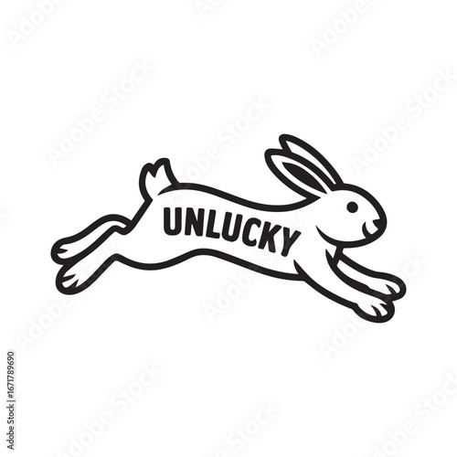 Jumping rabbit with the ironic word 'Unlucky'. A funny and sarcastic take on the lucky rabbit's foot superstition vector illustration.