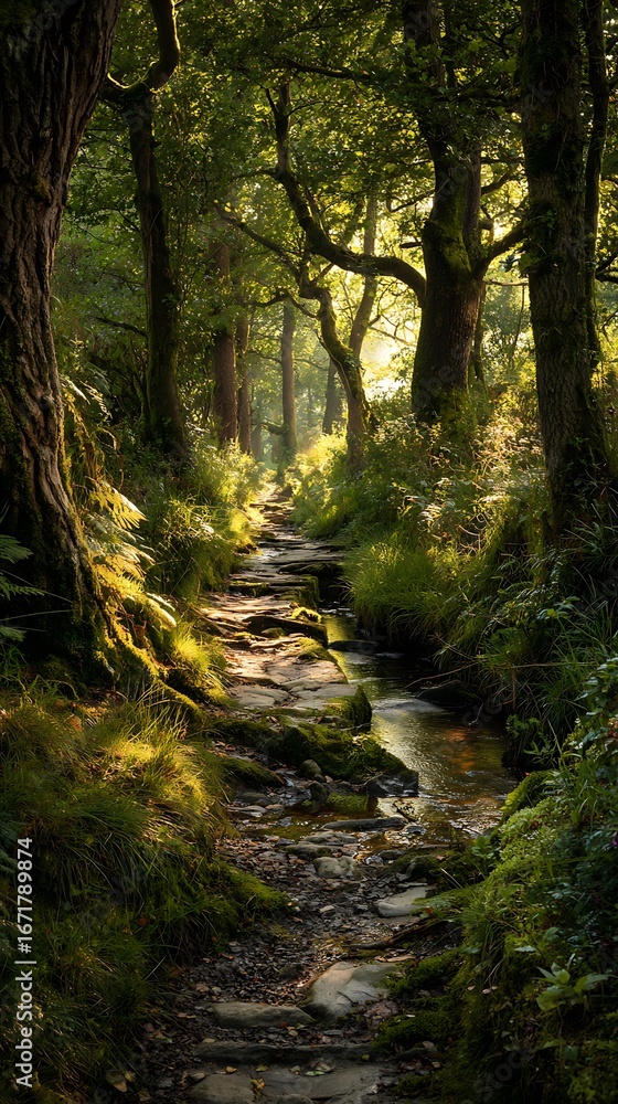Fototapeta premium Glowing woods route demonstrating flowing rivulet 