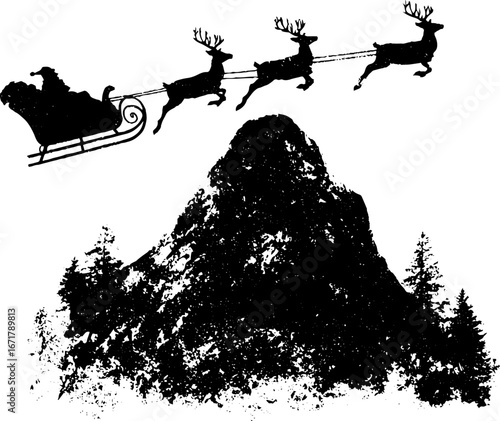 Black and white grunge santa sleigh scene for christmas holiday design