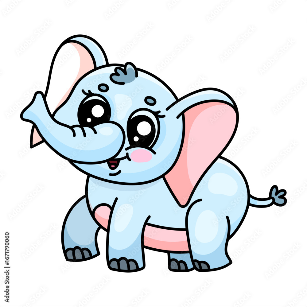 Naklejka premium Adorable cartoon baby elephant with big eyes and pink ears on white background
