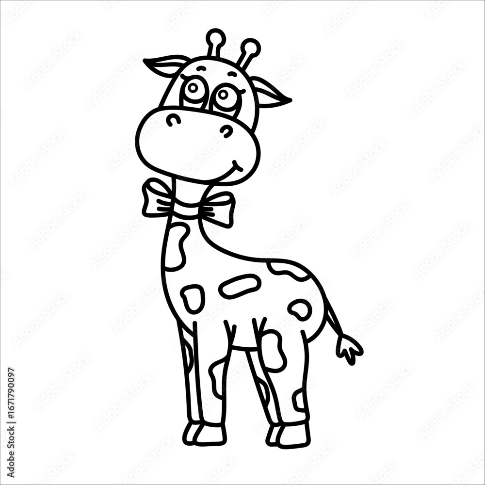 Fototapeta premium Charming cartoon giraffe outline with bow tie for creative coloring books.