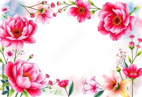 Abstract pink peony & wildflower watercolor vector frame illustration,  botanical,  pretty