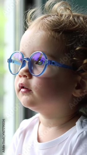 Close-up Portrait of an Adorable Toddler Wearing Blue Round Glasses Looking Upwards by a Window