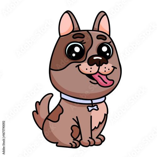 Cute cartoon dog with big eyes and collar sitting happily on white background.