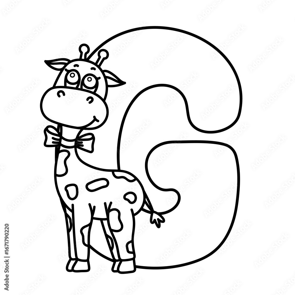 Fototapeta premium Cute giraffe with alphabet g: fun coloring page for kids and early learning.