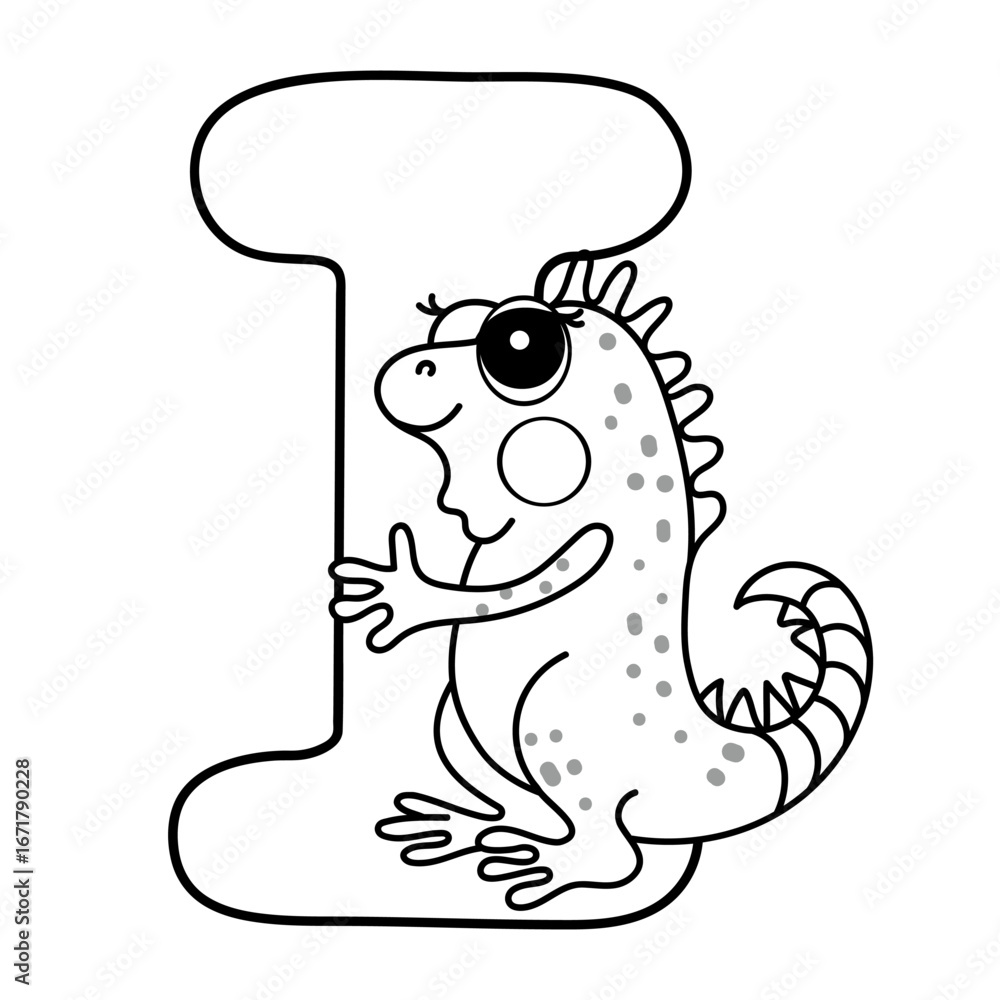 Fototapeta premium Cute cartoon iguana hugging letter i - fun alphabet coloring page for kids.