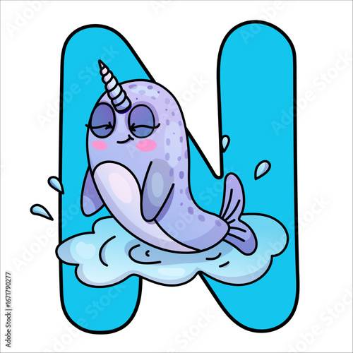 Cute cartoon narwhal with letter n background for kids.