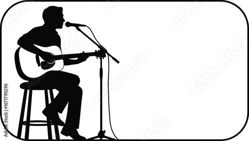 vector, illustration, musician, silhouette, acoustic, guitar, singer, microphone, stool, black, white, graphic, design, performance, sitting, strumming, live, music, 