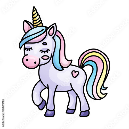 Adorable cartoon unicorn with rainbow mane and heart design on white background.