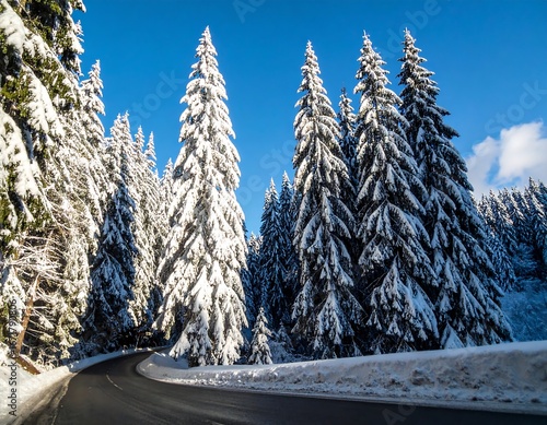 Winding road through a snowy forest under a clear blue sky, showcasing tall evergreen trees covered in fresh snow.