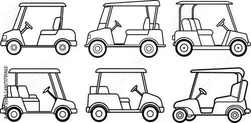Set of golf cart outline vector illustration line art