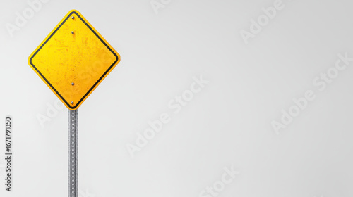 Yellow diamond shaped warning sign on metal pole, indicating caution or dead end, with weathered appearance and minimalist background