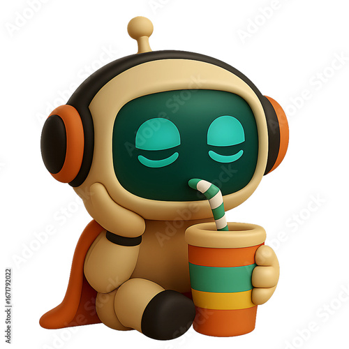 Cute 3D cartoon robot character, resting head on hand, half-closed dreamy eyes, sipping from a colorful straw cup