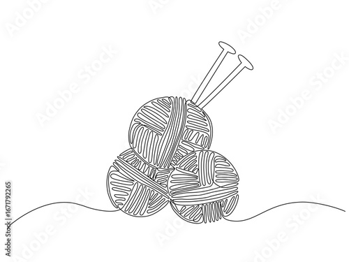 Continuous one line drawing of yarn balls with knitting needles. Simple and creative vector illustration for handmade craft, knitting, sewing, and textile design resources. Editable stroke