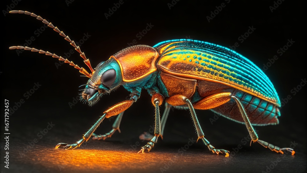 Fototapeta premium a rainforest insect with a metallic exoskeleton glowing